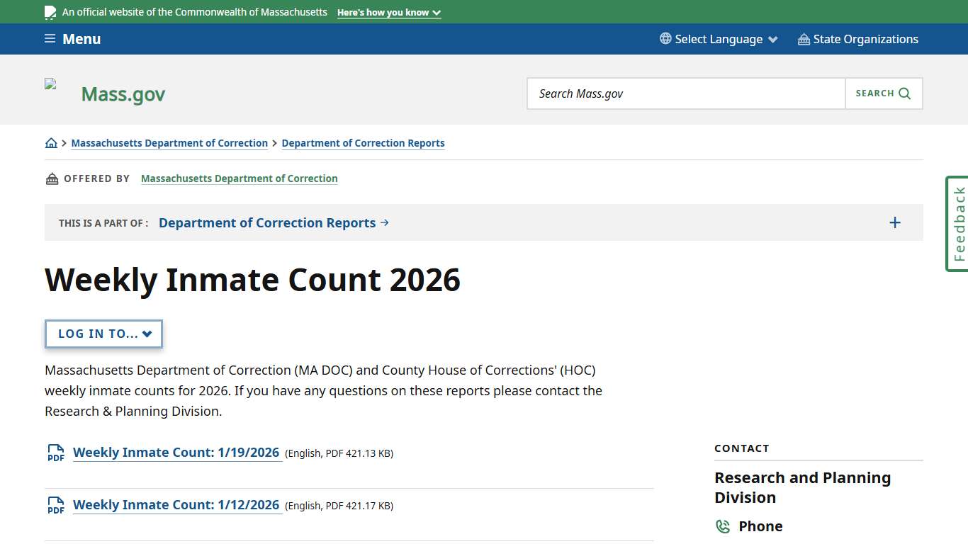 Weekly Inmate Count 2026 Mass.gov
