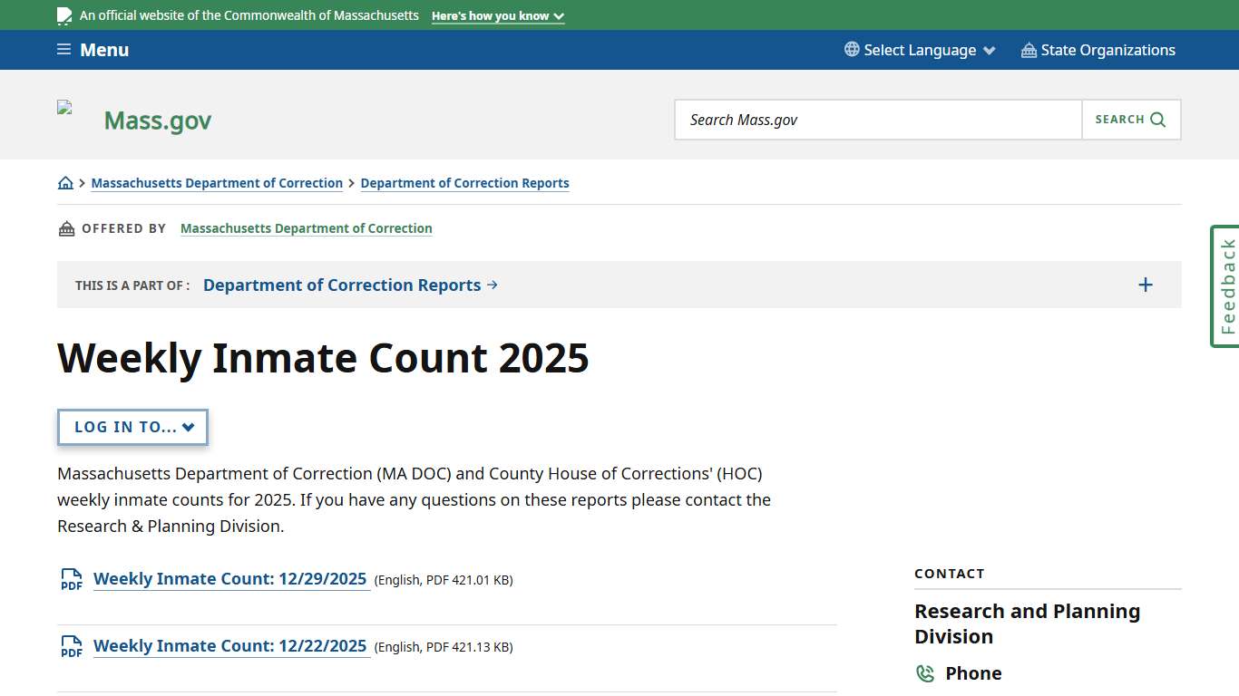 Weekly Inmate Count 2025 Mass.gov