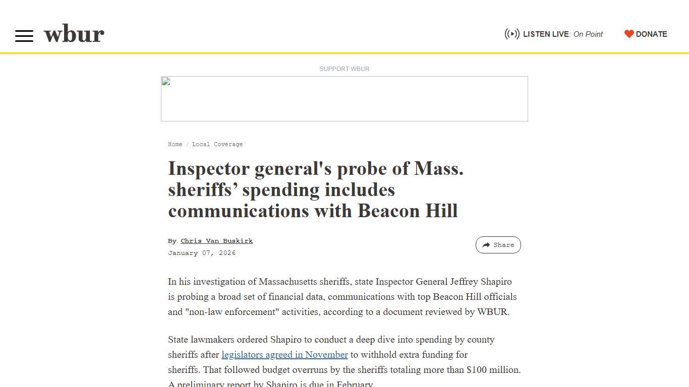 Inspector general's probe of Mass. sheriffs’ spending includes communications with Beacon Hill WBUR News